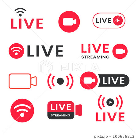 Live streaming icon set. Live broadcasting buttons and symbols. Set of online stream icons. Live stream logo 106656812