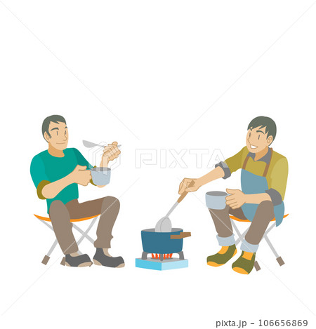 キャンプで料理をしながら語り合う男達 キャンプで料理をしながら語り合う男達 106656869