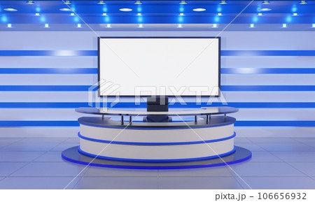 white table and lcd background in a news studio room.3d rendering. white table and lcd background in a news studio room.3d rendering. 106656932