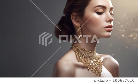 ゴージャスなゴールドのジュエリー・宝石・アクセサリーをつけた白人のモデル女性 ゴージャスなゴールドのジュエリー・宝石・アクセサリーをつけた白人のモデル女性 106657010