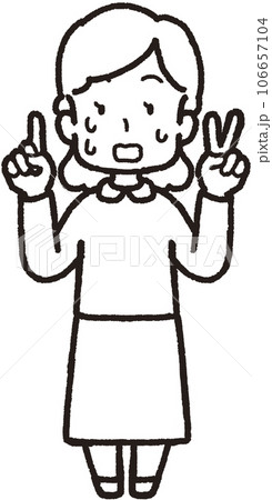 左手は2本指、右手は1本指の3本のハンドサインをして汗を出して慌てている女性の全身線画イラスト 106657104