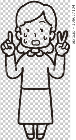 左手は2本指、右手は1本指の3本のハンドサインをして汗を出して慌てている女性の全身線画イラスト 106657104
