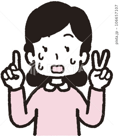 左手は2本指、右手は1本指の3本のハンドサインをして汗を出して慌てている女性の上半身イラスト 左手は2本指、右手は1本指の3本のハンドサインをして汗を出して慌てている女性の上半身イラスト 106657107