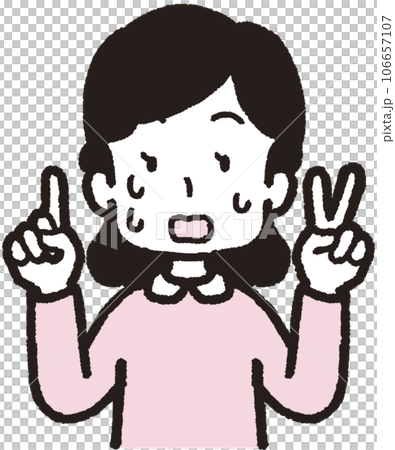 左手は2本指、右手は1本指の3本のハンドサインをして汗を出して慌てている女性の上半身イラスト 左手は2本指、右手は1本指の3本のハンドサインをして汗を出して慌てている女性の上半身イラスト 106657107