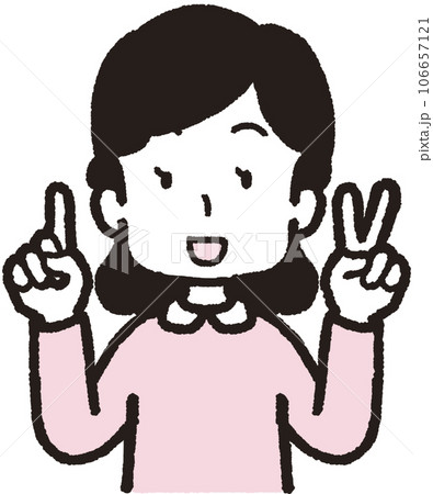 左手は2本指、右手は1本指の3本のハンドサインをして笑う女性の上半身イラスト 106657121