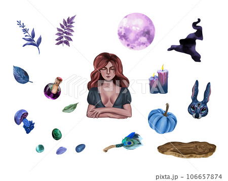 Witch, witch hat, candles, pumpkin, moon, mushroom. Set illustration for halloween, isolated on white background. Greeting cards, invitations. Witch, witch hat, candles, pumpkin, moon, mushroom. Set illustration for halloween, isolated on white background. Greeting cards, invitations. 106657874