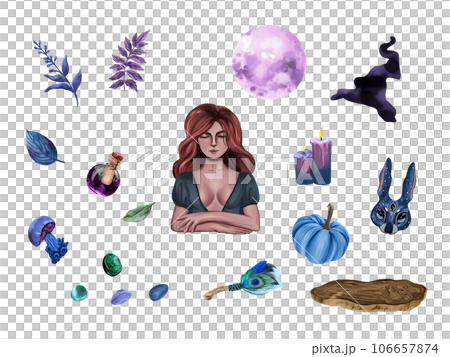 Witch, witch hat, candles, pumpkin, moon, mushroom. Set illustration for halloween, isolated on white background. Greeting cards, invitations. Witch, witch hat, candles, pumpkin, moon, mushroom. Set illustration for halloween, isolated on white background. Greeting cards, invitations. 106657874