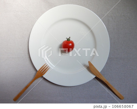 白い皿に乗ったミニトマトとナイフとフォーク 白い皿に乗ったミニトマトとナイフとフォーク 106658067