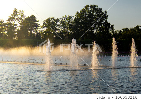 Multimedia Fountain at Centennial Hall, Wroclaw, Poland. The biggest fountain in Poland and one of the biggest in Europe. Sunlight water splashes. Beautiful architecture fountain  106658218