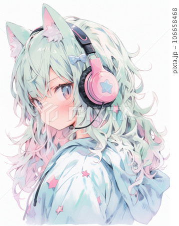 ピンクのヘットフォンの猫耳女の子のイラスト素材 [106658468] - PIXTA