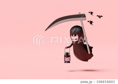 3d halloween holiday party with grim reaper hand holding scythe, storm lantern, bat isolated on pink background. 3d render illustration 106658801