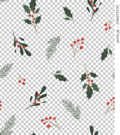 Seamless pattern of simple botanical elements in scandinavian style. Twig of conifers evergreen tree, ilex, red berries. Hand drawn Stylized repeated background. Endless print for wallpapers, fabric 106659192