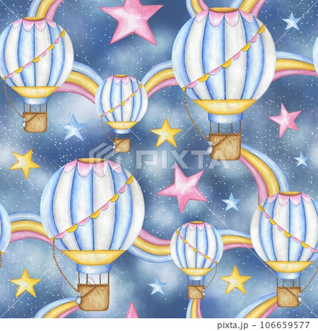 Seamless pattern with air balloons, rainbows, stars. Hand drawn watercolor illustration. Seamless pattern with air balloons, rainbows, stars. Hand drawn watercolor illustration. 106659577