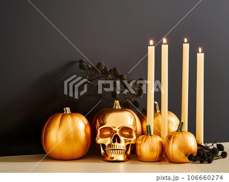 Moody and dark haloween decoration, sophisticated autumn holiday decor for haloween party, home interior in black colors 106660274
