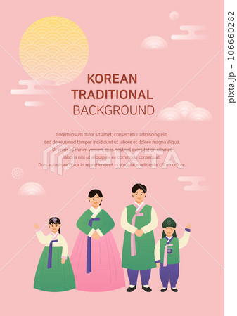 Korean holiday background poster with family in traditional costume. Korean holiday background poster with family in traditional costume. 106660282