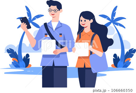 Hand Drawn Tourists relaxing by the sea on vacation in flat style 106660350