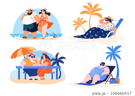 Hand Drawn overweight Tourists relaxing by the sea on vacation in flat style 106660417