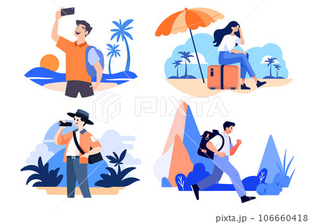 Hand Drawn Tourists relaxing by the sea on vacation in flat style 106660418