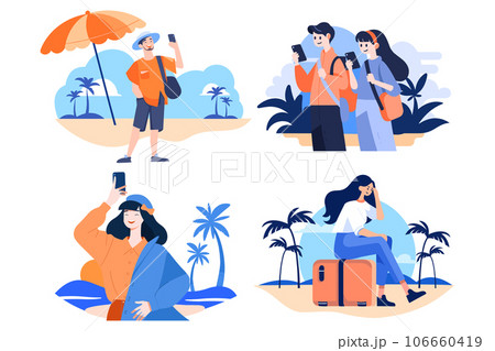 Hand Drawn Tourists relaxing by the sea on vacation in flat style 106660419