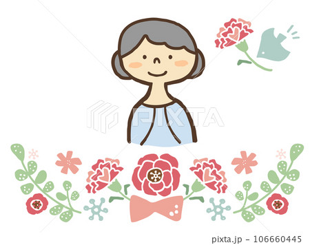 かわいい敬老の日のおばあちゃんと花／手描きイラスト素材 106660445