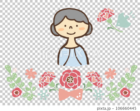 かわいい敬老の日のおばあちゃんと花／手描きイラスト素材 106660445