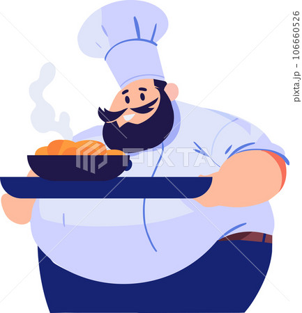 Hand Drawn Overweight chef cooking in the kitchen in flat style 106660526