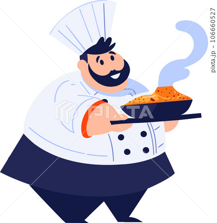 Hand Drawn Overweight chef cooking in the kitchen in flat style 106660527