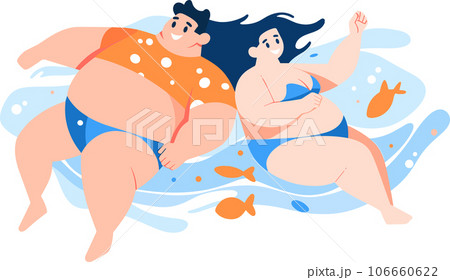Hand Drawn overweight tourists swimming in the sea in flat style Hand Drawn overweight tourists swimming in the sea in flat style 106660622