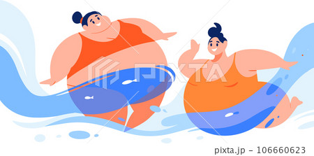 Hand Drawn overweight tourists swimming in the sea in flat style Hand Drawn overweight tourists swimming in the sea in flat style 106660623