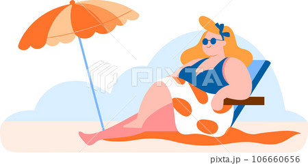 Hand Drawn overweight Tourists relaxing by the sea on vacation in flat style Hand Drawn overweight Tourists relaxing by the sea on vacation in flat style 106660656