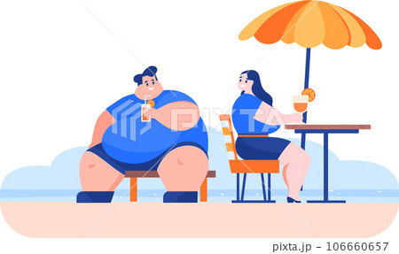 Hand Drawn overweight Tourists relaxing by the sea on vacation in flat style 106660657
