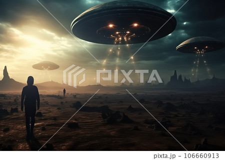 Night photo of UFO - alien spaceship at night. 106660913
