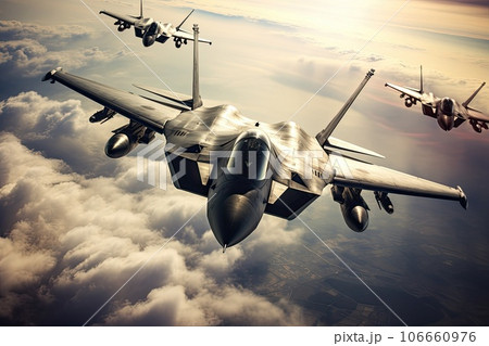 Fighter jets soaring through the clouds in formation. Fighter jets soaring through the clouds in formation. 106660976