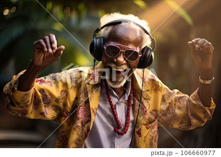 Cheerful funny elder man listening music with big black headphones. 106660977