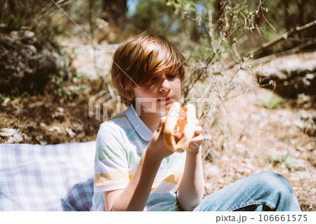 School boy kid child eating holding a juicy hotdog on a picnic outside in the city park. School boy kid child eating holding a juicy hotdog on a picnic outside in the city park. 106661575