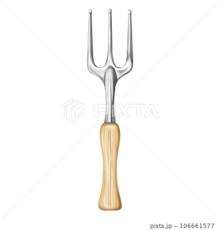 Metal rake with wooden handle. A garden tool of a florist and an agronomist for cultivating the land. Equipment for the care of the farm, garden, plants and flowers. Digital isolated illustration 106661577