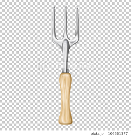 Metal rake with wooden handle. A garden tool of a florist and an agronomist for cultivating the land. Equipment for the care of the farm, garden, plants and flowers. Digital isolated illustration 106661577
