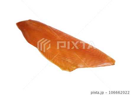 Raw salmon fillets on white background. Fillet of red fish over white background 106662022