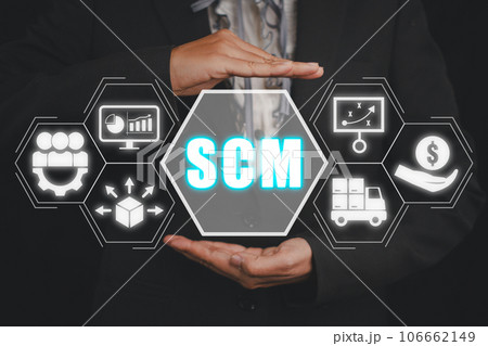 SCM, Supply Chain Management concept, Business person hand holding Supply Chain Managemen icon on virtual screen background, plan, distribution, procurement, and profit SCM, Supply Chain Management concept, Business person hand holding Supply Chain Managemen icon on virtual screen background, plan, distribution, procurement, and profit 106662149