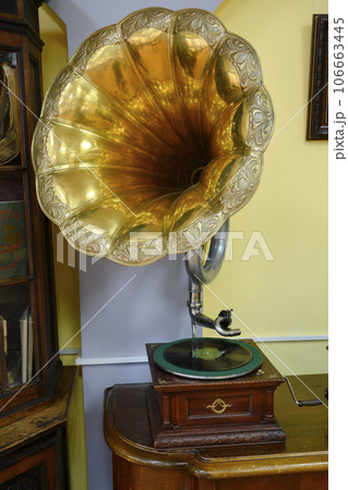A gramophone made in 1913 in Russia, with a large gilded trumpet A gramophone made in 1913 in Russia, with a large gilded trumpet 106663445
