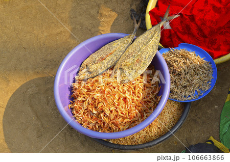 Dry shrimp and fish for sale at Nagaon beach, Maharashtra, India, India Dry shrimp and fish for sale at Nagaon beach, Maharashtra, India, India 106663866