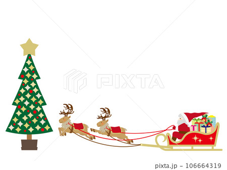クリスマスツリーとトナカイのソリに乗るサンタクロースのベクターイラスト 106664319