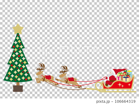クリスマスツリーとトナカイのソリに乗るサンタクロースのベクターイラスト 106664319
