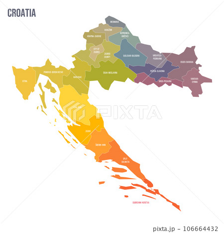 Croatia political map of administrative divisions - counties. Colorful spectrum political map with labels and country name. 106664432