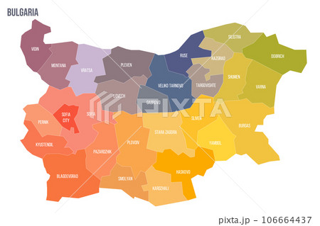 Bulgaria political map of administrative divisions - provinces and regions. Colorful spectrum political map with labels and country name. Bulgaria political map of administrative divisions - provinces and regions. Colorful spectrum political map with labels and country name. 106664437