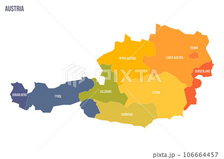 Austria political map of administrative divisions - federal states. Colorful spectrum political map with labels and country name. Austria political map of administrative divisions - federal states. Colorful spectrum political map with labels and country name. 106664457