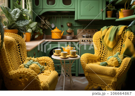 Retro style knitted cozy kitchen in emerald colors. Generative AI 106664867