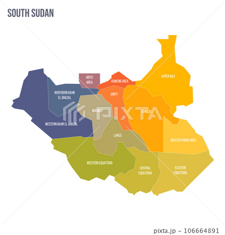 South Sudan political map of administrative divisions - states, administrative areas and area with special administrative status. Colorful spectrum political map with labels and country name. 106664891