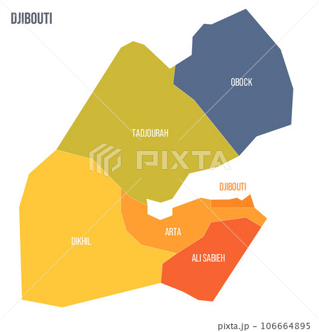 Djibouti political map of administrative divisions - regions. Colorful spectrum political map with labels and country name. Djibouti political map of administrative divisions - regions. Colorful spectrum political map with labels and country name. 106664895