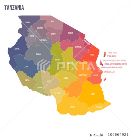 Tanzania political map of administrative divisions - regions. Colorful spectrum political map with labels and country name. Tanzania political map of administrative divisions - regions. Colorful spectrum political map with labels and country name. 106664921